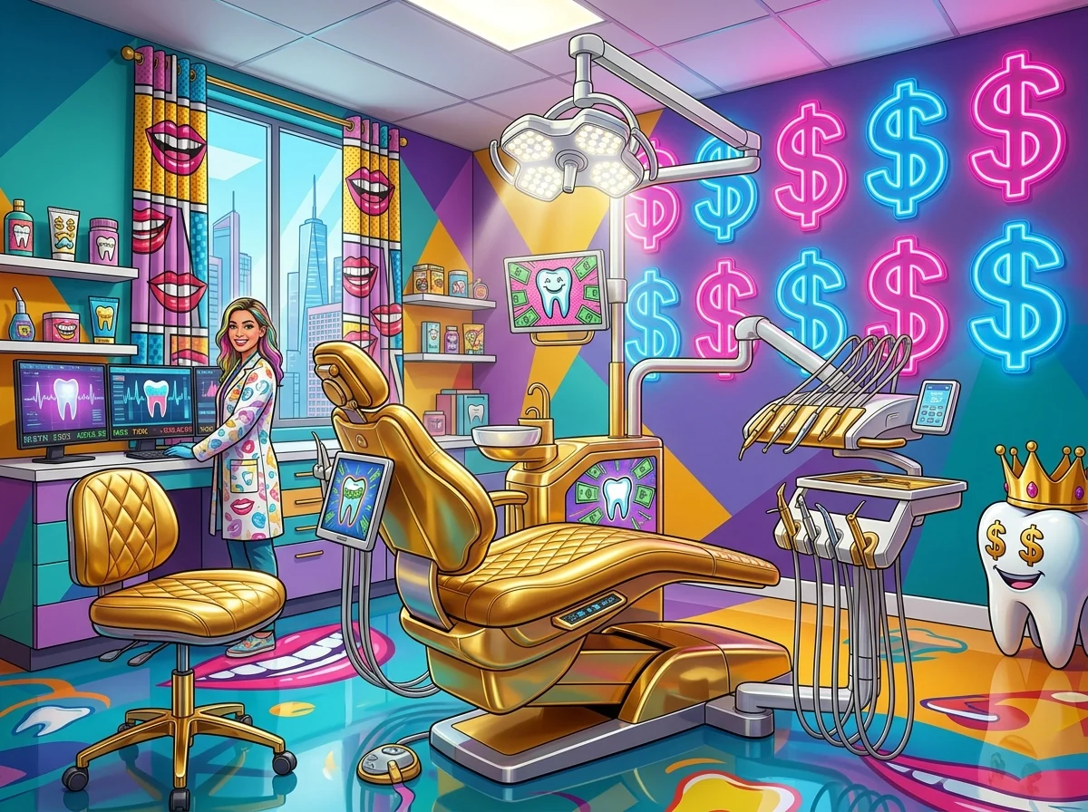 Goldener Behandlungsstuhl in einer Pop-Art-Praxis als Symbol für eine starke Praxismarke